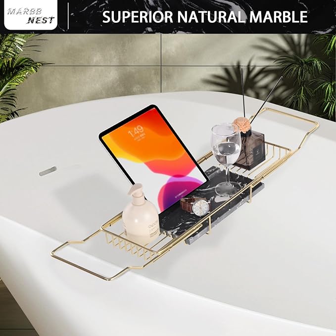 Bathtub Tray Caddy for Luxury Bath Expandable Extra Wide Bath Tub Tray with Natural Marble Tray and Mobile/Tablet Stand, Ideal for Home Spa Lovers (Gold + Black)
