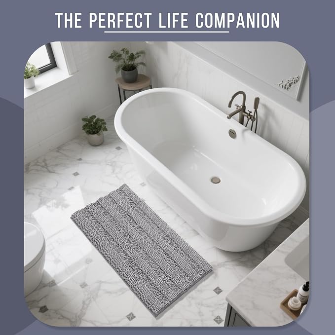 Yimobra Bathroom Rug Mat 47 x 24, Non Slip and Super Absorbent Bath Mat,Machine Washable Quick Dry,Ultra Plush Chenille Shower Rugs for Bathroom Floor Sink Tub and Shower Outside,Gray