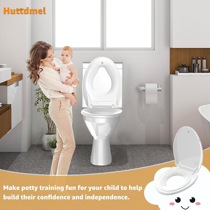 Huttdmel Potty Training Seat Built-in Toilet Seat, Elongated Toilet Seat 18.5inch with Baby Seat 2 in 1 Soft Close Quiet No Slapping, Magnetic Absorption, Easy Installation for Bottom Fixing Toilet