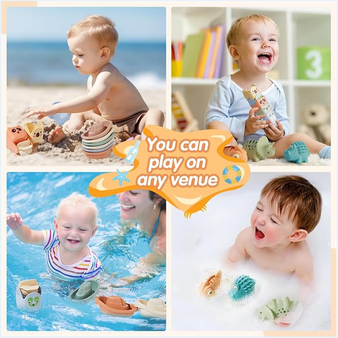 Baby Bath Toys for Kids Ages 1-3, 14 Pack Mold Free Bath Toys Toddlers 2-4 Bathtub Toys with Floating Boats&Cups and No Hole Bath Toy for Babies 6-12 Months Gifts for Boys & Girls