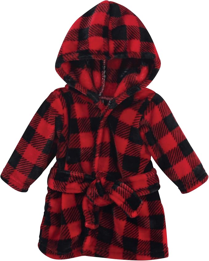 Hudson Baby Unisex Baby Plush Animal Face Bathrobe, Red Black Plaid, 0-9 Months