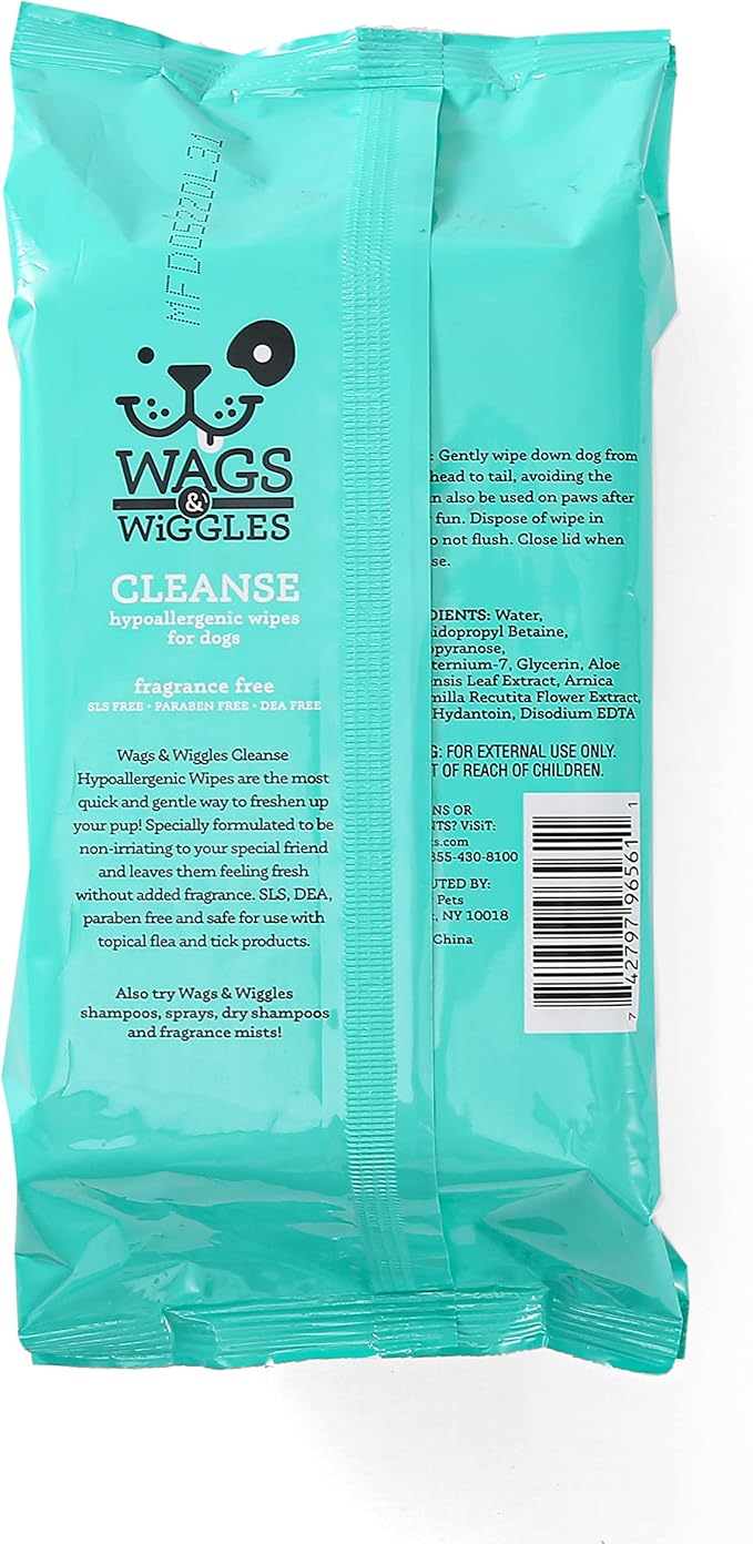 Wags & Wiggles Hypoallergenic Dog Wipes for Sensitive Skin, Fragrance-Free Waterless Cleansing Cloths for Paws, Face, and Dog Body, No SLS, Parabens, or DEA, 100 Count (Pack of 12)