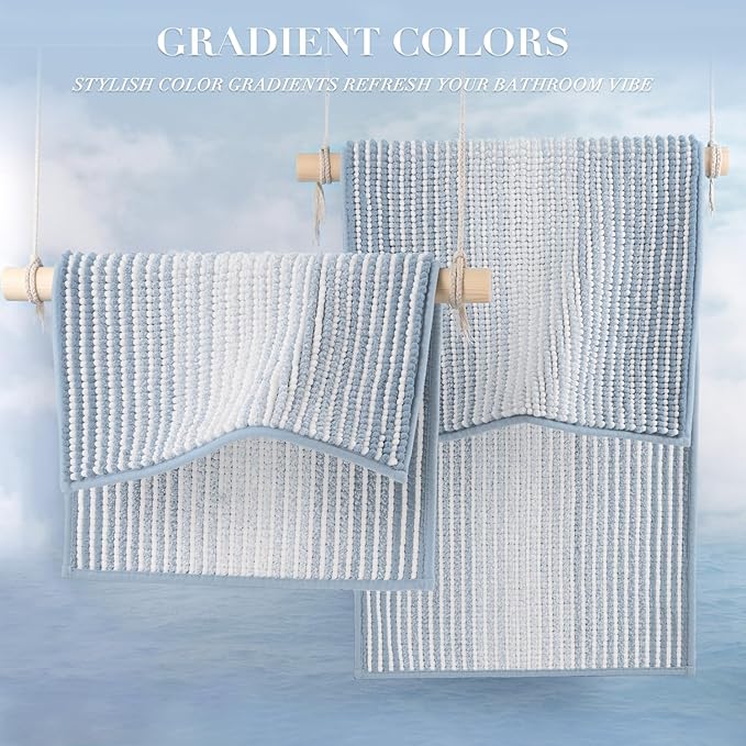 BSICPRO Bathroom Rugs and Mats Sets, 2 Piece Thick Absorbent Chenille Bath Mat Rug Set Non Slip, Soft Shaggy Bath Room Floor Mats for Bathroom, Machine Washable (20" x 60" Plus 20" x 32",Ice Blue)