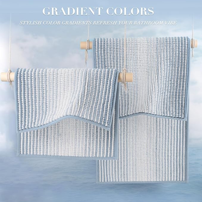 BSICPRO Bathroom Rugs and Mats Sets, 2 Piece Thick Absorbent Chenille Bath Mat Rug Set Non Slip, Soft Shaggy Bath Room Floor Mats for Bathroom, Machine Washable (20" x 32" Plus 16" x 24",Ice Blue)