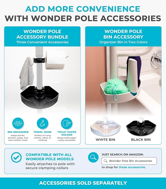 Stander Wonder Pole, Security-Pole and Curve Grab Bar, Tension Mounted Floor to Ceiling Transfer-Pole for Seniors, Elderly Adults, Bathroom Safety Assist and Stability Rail, White