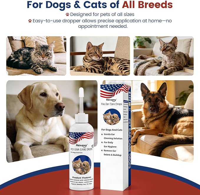 Petnanny Dog Ear Cleaner Solution, Cat Ear Cleaner Non-Stinging Ear Drops, Silver Ion & Botanical Formula for Gentle Daily Ear Care, Soothes Itching, and Removes Ear Debris Dirt, 4 fl oz