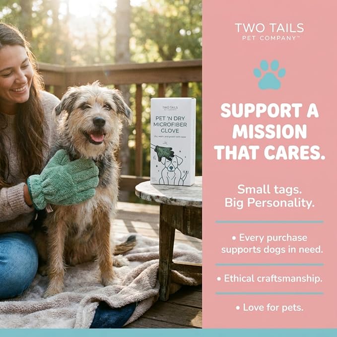 Two Tails Pet Company Pet N’ Dry Microfiber Gloves, Absorbent Dog Drying and Washing Gloves for Paws, Faces, and Coats, Soft, Lightweight, Fast Drying, Gentle on Sensitive Fur, Grooming Dog Supplies