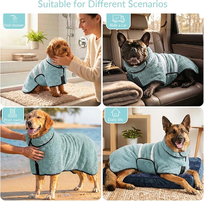 Bienbee Dog Bathrobe, Quick Drying Super Absorbent Pet Robes for Small Medium Large Dogs, Drying Coat for After Bath & Swim, Warm & Cozy Dogs Towels, Dog Puppy Bath Supplies, Light Green XL