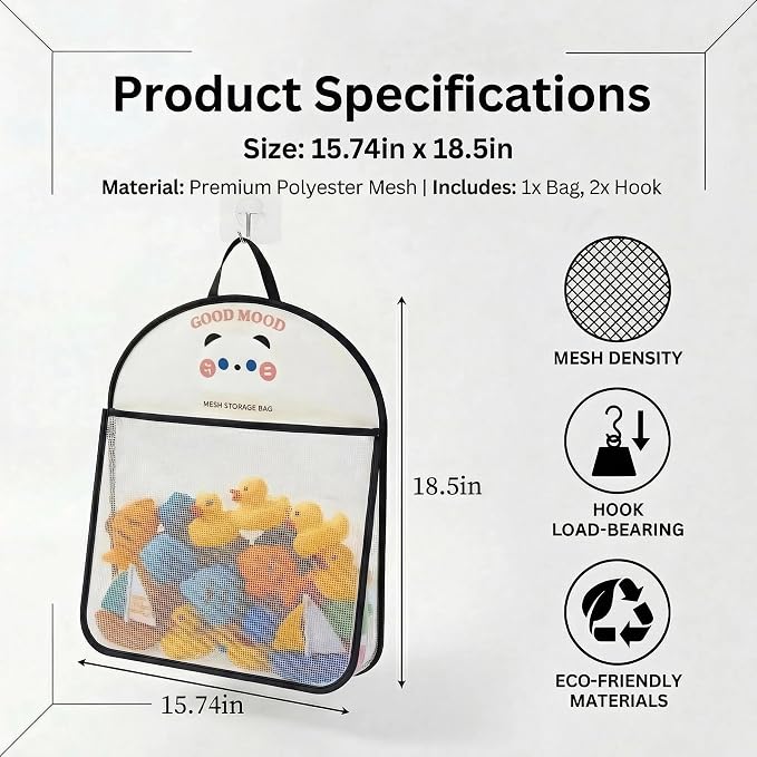 Good Mood Toddler Bath Toy Organizer, Large Capacity Baby Bathtub Toy Storage with Adhesive Hooks, Toy Organizers and Storage for Bath Toys, Bath Toy Holder Kids Bathroom Decor