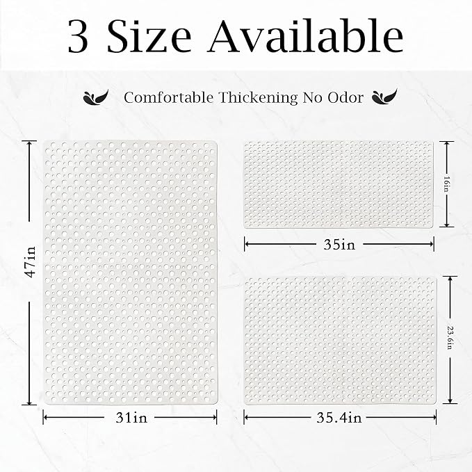 Tiamo Large Shower Mat Non Slip TPE Bathtub Mat Suction Cups for Elderly | 36x24inch rectangle,inside shower,big drain holes,quick dry,smooth tile floors,seniors,White