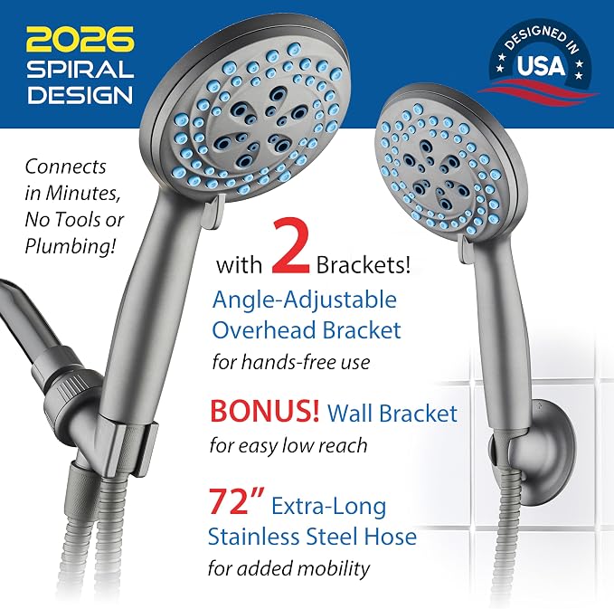 AquaCare Seen-On-TV High Pressure 8-mode Handheld Shower Head - 2-mode Power Wash to Clean Tub, Tile & Pets, Stay-Clean Nozzles, Extra Long 6 ft. Stainless Steel Hose, Wall & Overhead Brackets, Modern