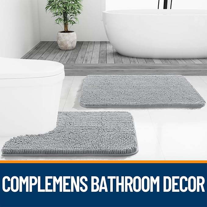OLANLY Toilet Rugs U-Shaped 24x20, Extra Soft Absorbent Chenille Contour Bathroom Rugs for Toilet, Dry Quickly, Machine Washable, Non-Slip Bath Mat, Light Grey