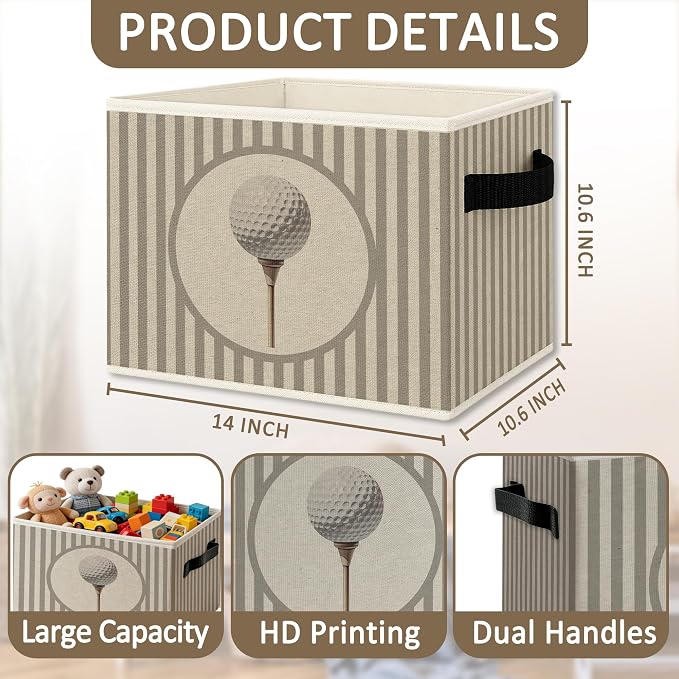Vintage Golf Storage Bins Box with Handles, Golfing Sports Decor for Boys, Sage Striped Classic Golf Ball Aesthetic Collapsible Organizer Basket for Nursery Room Bedroom Playroom Toys Books