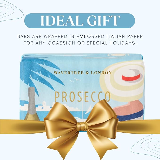 Wavertree & London Prosecco Scented Natural Soap Bar, 7oz Moisturizing French Triple Milled Soap Bar for Women & Men Enriched with Organic Shea Butter, Pure Bath & Body Soap (1 Bar)