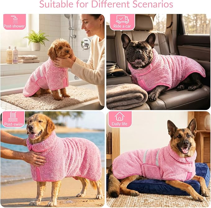 Bienbee Dog Bathrobe, Quick Drying Super Absorbent Pet Robes for Small Medium Large Dogs, Drying Coat for After Bath & Swim, Warm & Cozy Dogs Towels, Dog Puppy Bath Supplies, Pink S
