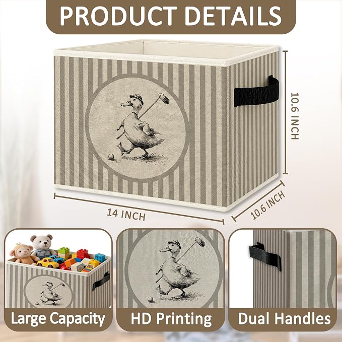 Vintage Golf Duck Storage Bins Box with Handles, Sports Kids Decor for Boys, Neutral Striped Golf Collapsible Organizer Basket for Nursery Room Bedroom Playroom Toys Books