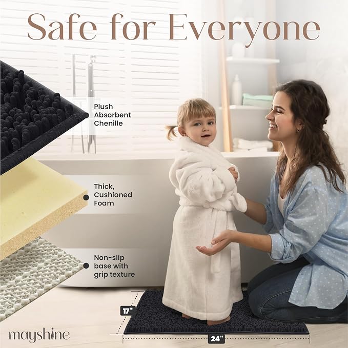 MAYSHINE Small Plush Shaggy Chenille Bath Mat 24"x17"| Extra Soft, Super Absorbent, Non-Slip Bathroom Rug | Fluffy Microfiber, Area Rug Sets for Bathroom Floor, Kitchen, Living Room | Black