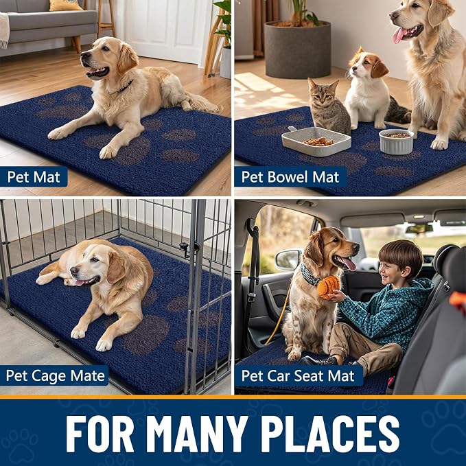 Smiry Dog Door Mat for Muddy Paws, Absorbs Moisture and Dirt, Low-Profile Entryway Mat with Non-Slip Backing, Entry Indoor Outdoor Doormat for Inside Floor (36x24 Inches, Navy Blue, Paw)