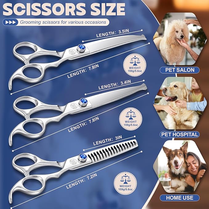 Moontay Professional Dog Grooming Straight, Curved, Thinning/Blending/Chunking Scissors Kit, JP-440C Stainless Steel Pet Cat Hair Cutting/Trimming Shears, Silver