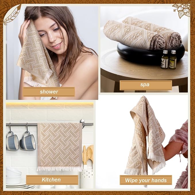 HunnmingRe 4 Pack Boho Hand Towel for Bathroom Kitchen 14x30 Inch 100% Turkish Cotton Summer Boho Decorative Towel Waffle Farmhouse Bathroom Decor Absorbent Soft Guest Gift(Brown,White)