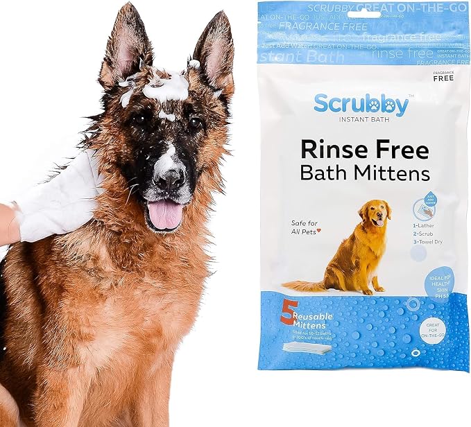 Scrubby Pet No Rinse Wipes | Rinse Free Shampoo Mittens | Dogs and Cats | Bath Wipes - Bathing & Washing Pets, Hypoallergenic | No Rinse Wash Mitt | Grooming, Lather Wipe Dry - Pack of 5