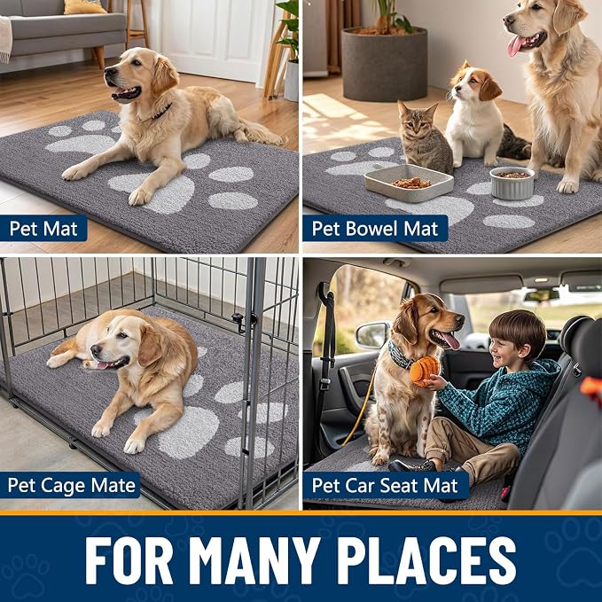 Smiry Dog Door Mat for Muddy Paws, Absorbs Moisture and Dirt, Low-Profile Entryway Mat with Non-Slip Backing, Entry Indoor Outdoor Doormat for Inside Floor (70x24 Inches, Light Grey, Paw)