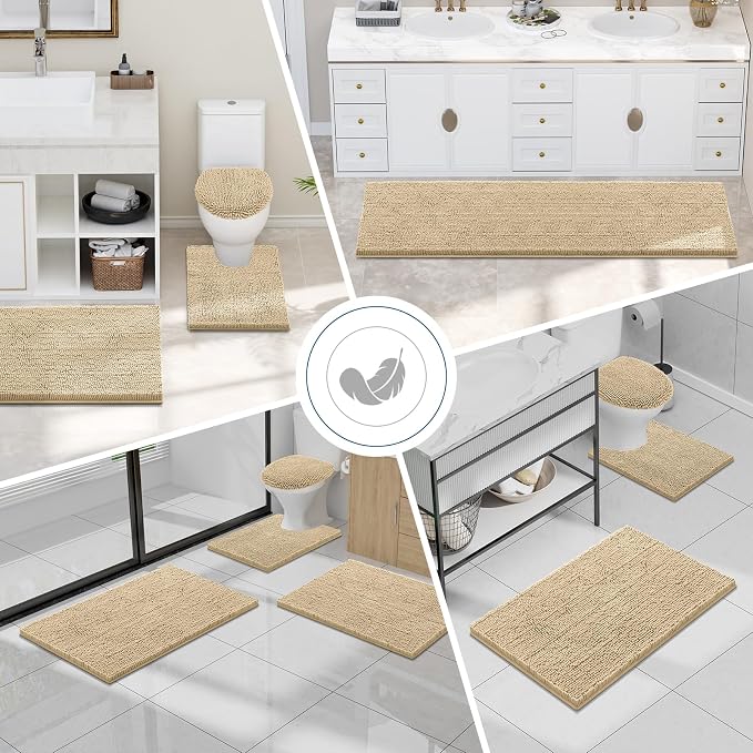 Smiry Luxury Chenille Bathroom Rugs 44x32, Extra Soft and Absorbent Shaggy Bath Mat, Machine Washable, Non-Slip Plush Carpet Runner for Tub, Shower, and Floor, Home Decor Accessories, Beige