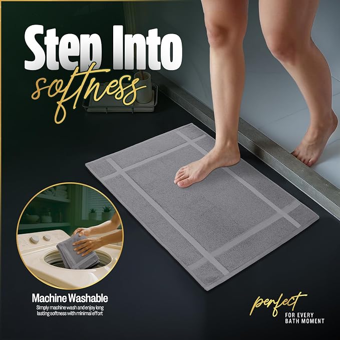 Pearl Linens 100% Ring Spun Cotton Bath Mat (Pack of 2) 20 x 30 Inch, Washable, Soft & Absorbent Terry Bathroom Floor Mat – Not Bathroom Rugs – Quick-Dry After Shower Bath Mat, 687 GSM, Light Grey