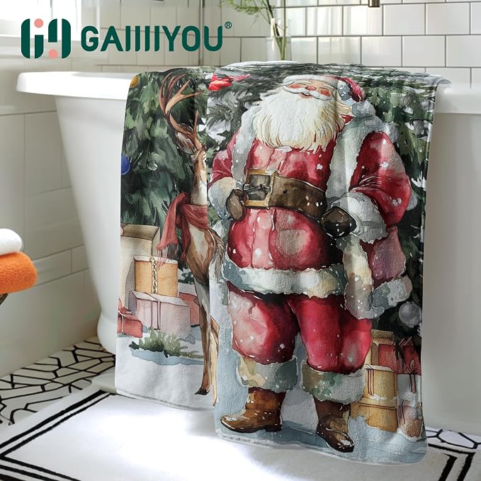 Winter Fleece Bath Towel Santa Claus Microfiber Decoration Bath Towel for Holiday Bathroom Decor