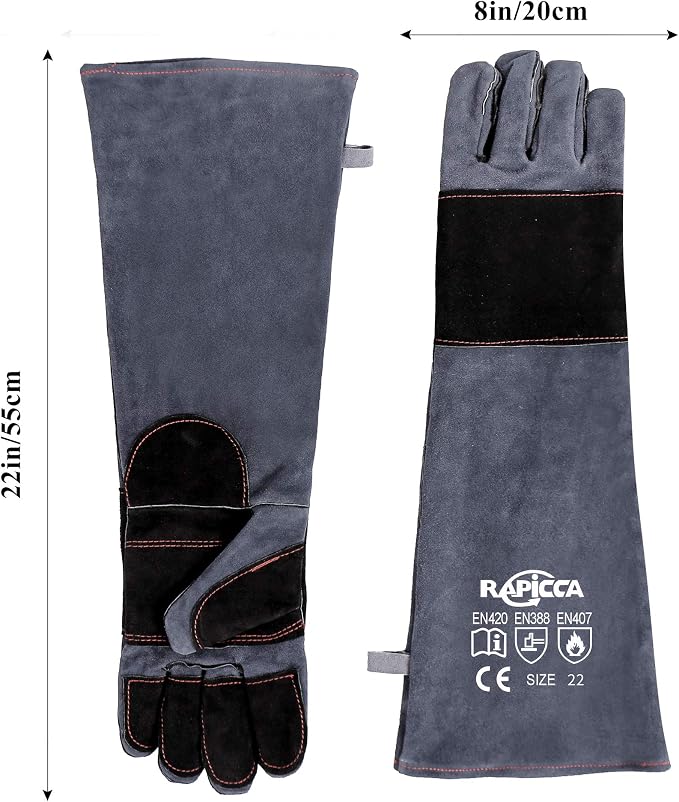 RAPICCA Animal Handling Gloves, Bite Proof Double Leather, 22 in Grey-Black | For Dog, Cat, Bird, Falconry, Snake & Reptile Handling; Vets, Groomers & Animal Control Teams