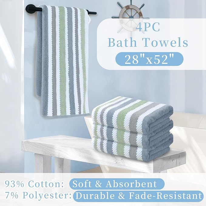 Striped Bath Towels (4PC, 28"x52") - Quick Dry | Absorb | Lightweight | 500GSM | Soft, Cotton Polyester Blend Bath Towels, Decorative Bath Towel with Hanging Loops, Navy Grey Green Stripes + White