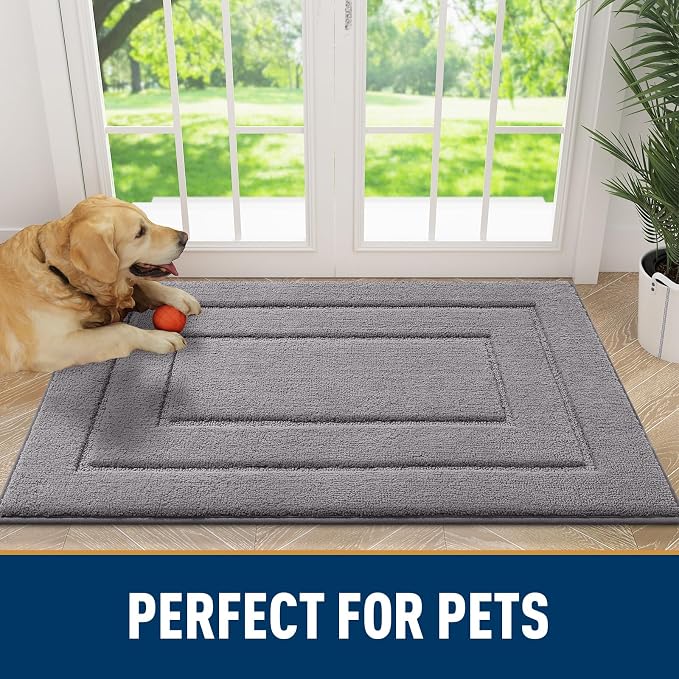 Smiry Dog Door Mat for Muddy Paws, Absorbs Moisture and Dirt, Low-Profile Entryway Mat with Non-Slip Backing, Entry Indoor Outdoor Doormat for Inside Floor (47x24 Inches, Grey, Bordered)