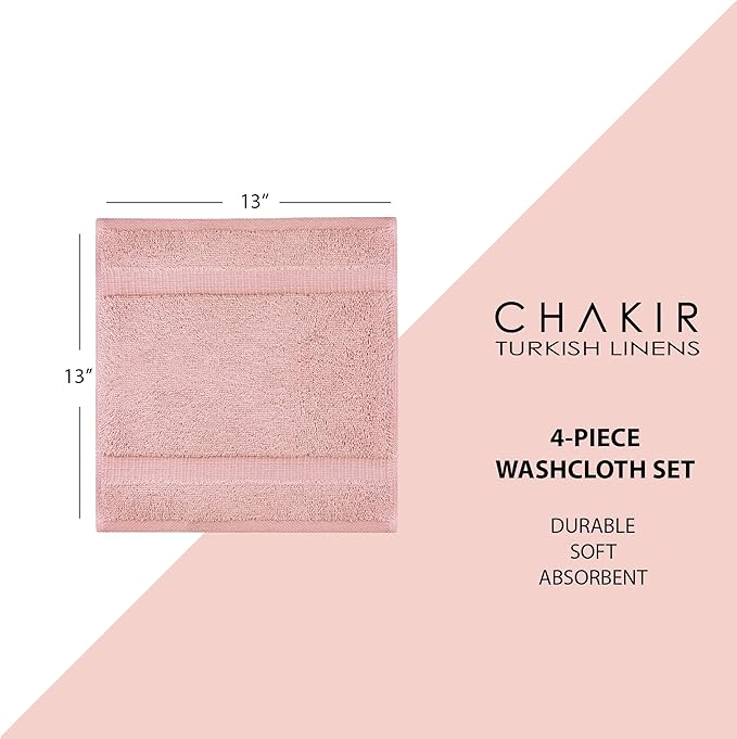 Chakir Turkish Linens 4 Piece Washcloth Set, 100% Cotton Luxury Turkish Washcloths for Bathroom, Soft Absorbent Washcloths, 13 x 13 Inches, Pink