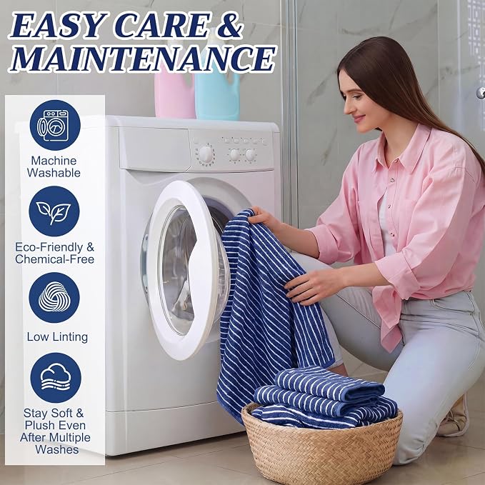 6 Pcs Oversized Bath Towels for Adults 35x70 Inches Blue & White Striped Extra Large Bath Towel Sets Bathroom Sheets Jumbo Shower Towels Quick Dry Absorbent Soft Microfiber for Women Men