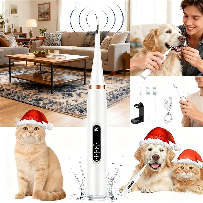 Dog Tartar Remover for Teeth, Dental Tools to Remove Plaque and Tartar, Pet Teeth Cleaning Kit with LED Light & USB, 5 Modes, IPX6 Waterproof, Silent Sonic for All Dogs and Cats, White