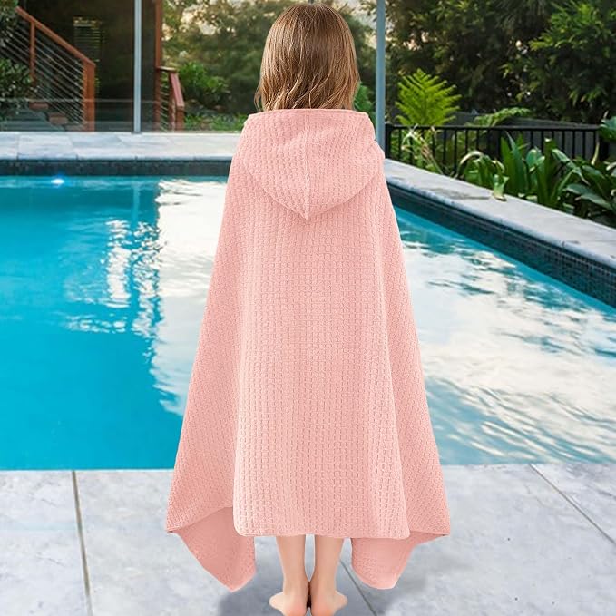 VOOVA & MOVAS Hooded Bath Towels for Kids | Soft Absorbent 100% Cotton Thick Towel Wrap | Versatile Beach, Pool, Swim & Bath Cover-Up | Light Pink Solid Waffle