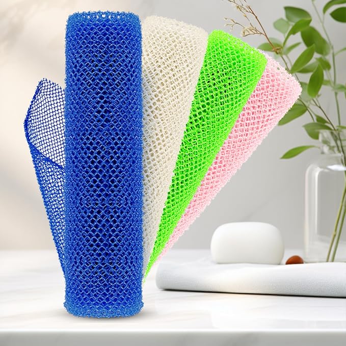 4 Pieces African Net Sponge – Premium African Net Sponge for Deep Exfoliation Quick-Dry and Reusable Mesh for Smooth Skin(Black Blue White Pink)