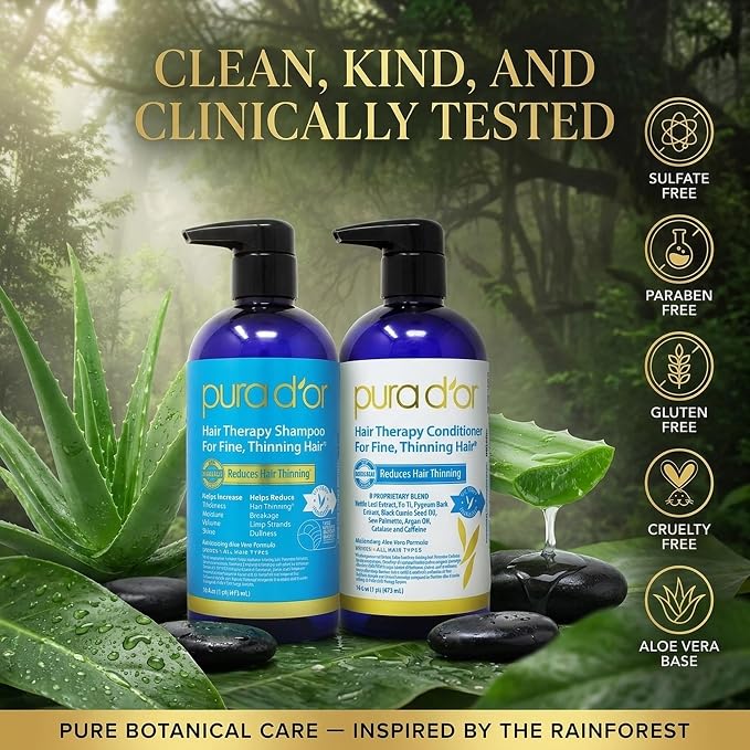 PURA D'OR Hair Thinning Therapy Biotin Shampoo & Hair Regrowth Conditioner Set, CLINICALLY TESTED Effective Results, Hair Thickening Products For Women & Men, Herbal Scent, Color Safe, 16oz x2