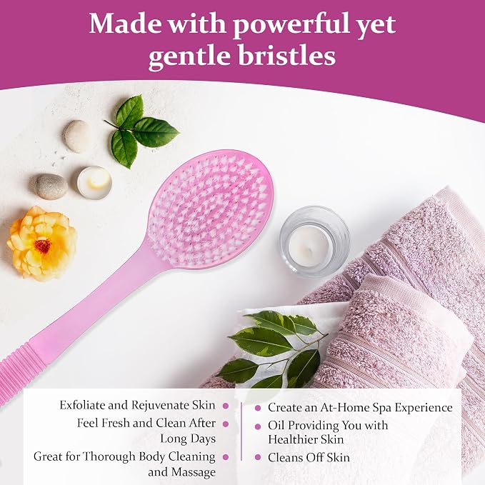DecorRack Bath Brush with Bristles, Long Handle for Exfoliating Back, Body, and Feet, Bath and Shower Scrubber, Pink (1 Pack)
