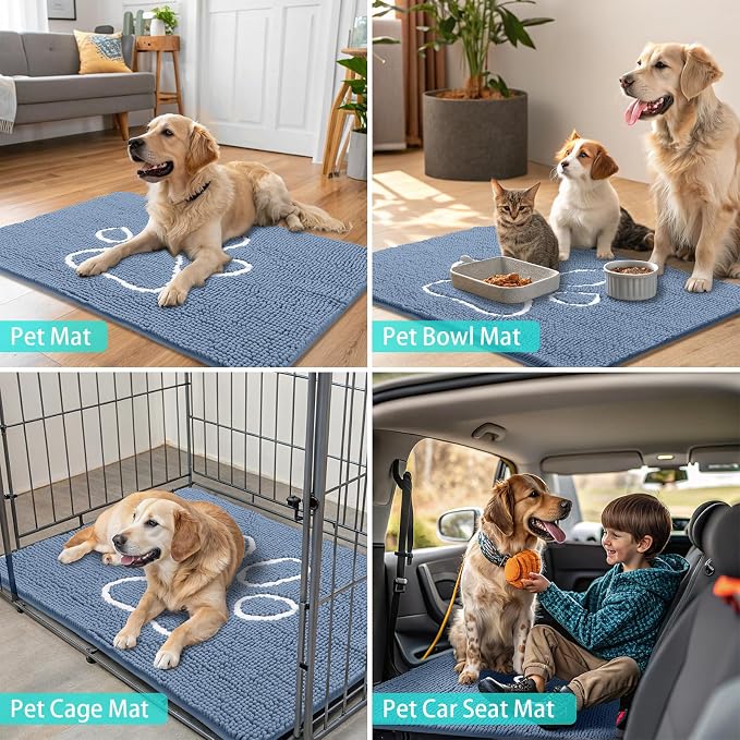 Smiry Dog Door Mat for Muddy Paws, Absorbent Dirt Trapper Non Slip Quick Dry Washable Chenille Mat for Mud Dogs, Entry Rug for Indoor and Outdoor (47x24 Inches, Airy Blue and White)