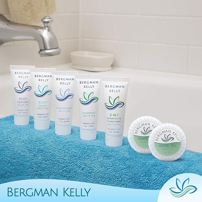 BERGMAN KELLY - Hotel Soap Bars - White Tea, 1 oz, 200 PK - Travel Size Luxury Bulk Amenities Bar Soap - Mini Individually Wrapped Round Soap - Small Toiletries for Airbnb, Motel, Guest Bathroom