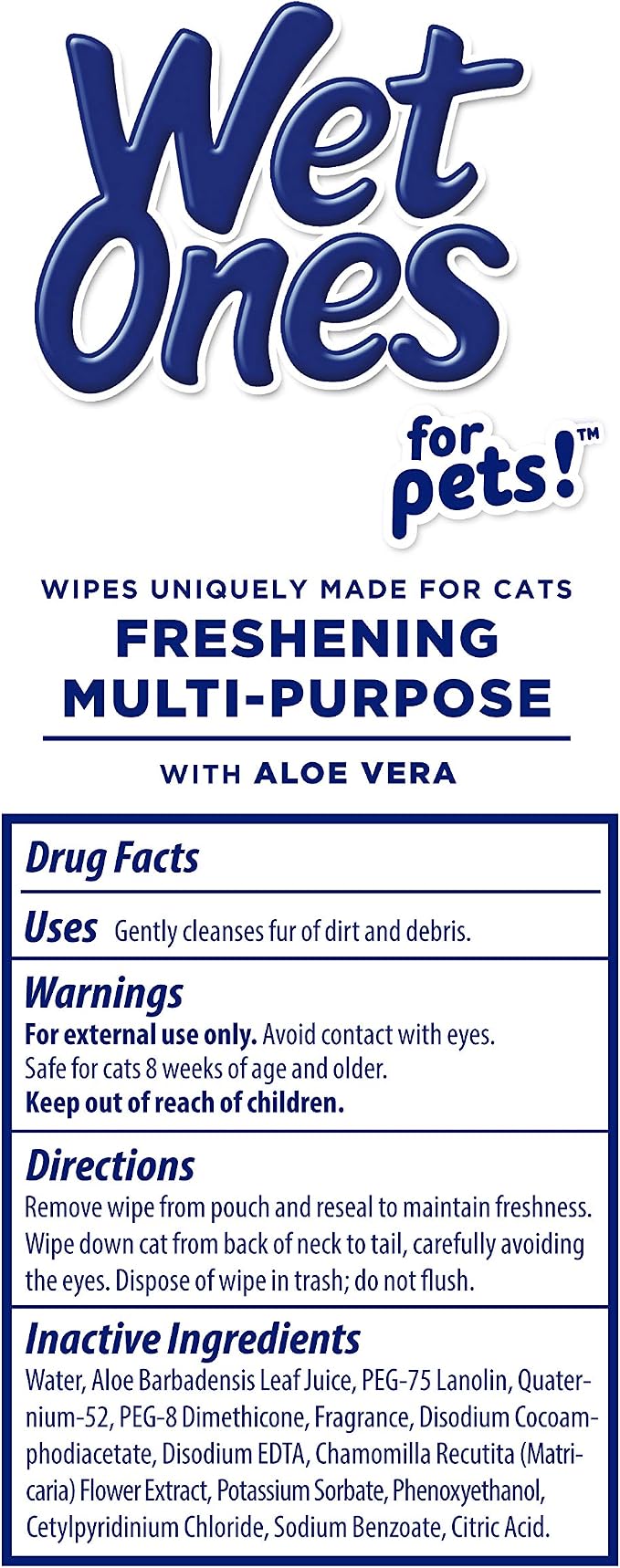 Wet Ones for Pets Freshening Multipurpose Cat Wipes with Aloe Vera, Fresh Scent - Easy to Use Cat Freshening and Grooming Wipes with Wet Lock Seal, 100 Count - 12 Pack