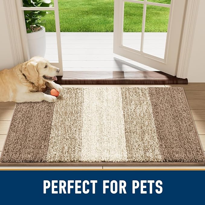 Smiry Dog Door Mat for Muddy Paws, Absorbs Moisture and Dirt, Low-Profile Entryway Mat with Non-Slip Backing, Entry Indoor Outdoor Doormat for Inside Floor (47x17 Inches, Khaki, Striped)