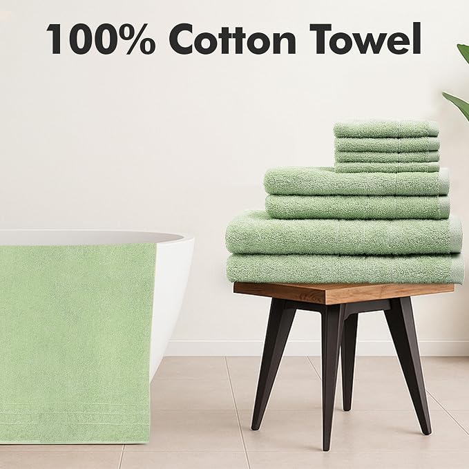 Bath Towels Set of 8 – 100% Cotton (Light Green) Bathroom Towel Set Bale Includes 2 Bath, 2 Hand, 4 Face Towels – Soft, Absorbent & Quick Dry Towel for Bathroom, Spa, Kitchen, Hotel Use