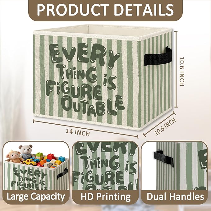 Green Inspirational Everything Is Figureoutable Foldable Storage Bins Box with Handles,Motivational Collapsible Organizer Basket for Kids Nursery Room Bedroom Bathroom Clothes Toys Books
