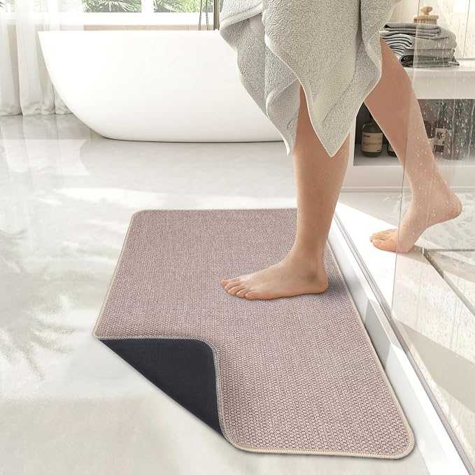 Bosap Bath Mat,Ultra Thin Bathroom Runner Rugs,Large Bath Mats for Bathroom,Quick Dry,Non-Slip,Machine Washable,Low Pile,Bath Rug,Shower Outside,Sink,Home Decor Accessories.Beige,3'x5'(36x60inch)