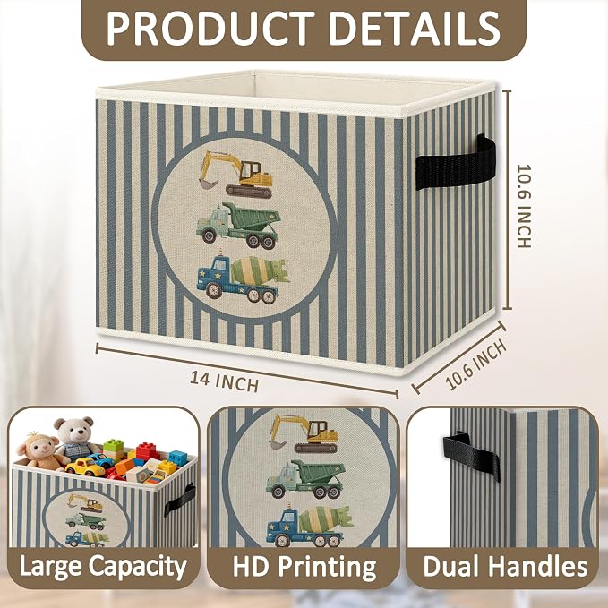Construction Boy Nursery Foldable Storage Bins Box with Handles, Blue Striped Truck Car Collapsible Organizer Basket for Boys Kids Toddler Bedroom Bathroom Playroom Clothes Books