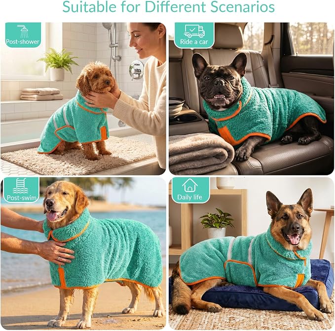 Bienbee Dog Bathrobe, Quick Drying Super Absorbent Pet Robes for Small Medium Large Dogs, Drying Coat for After Bath & Swim, Warm & Cozy Dogs Towels, Dog Puppy Bath Supplies,Lake Green XXL