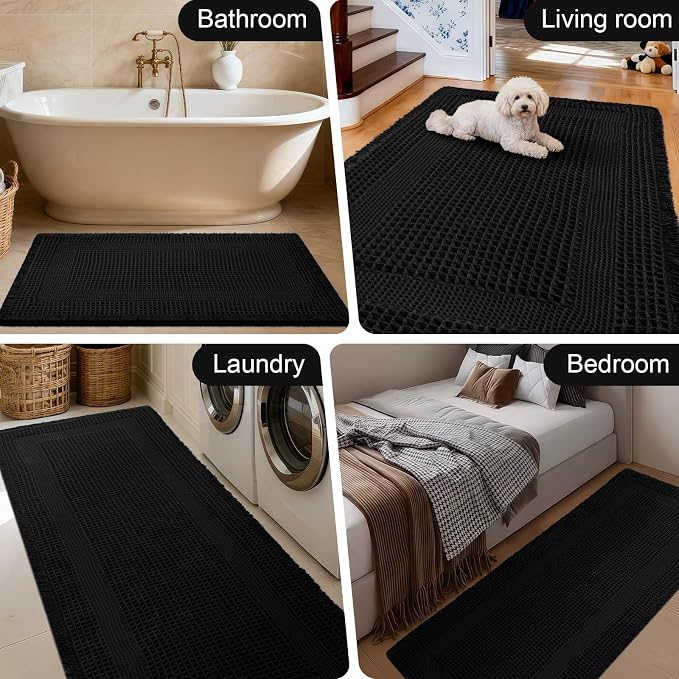 Upgraded Waffle Bath Mat, 32"x20" Black-Looped, Super Absorbent Non-Slip Quick Dry Bathroom Rugs with Tassels, Machine Washable Ultra Soft Boho Bath Rugs for Floor, Toilet Mats Boho Farmhouse Decor
