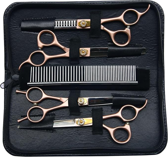 7 Inch Professional Dog Grooming Scissors Kit, 6-in-1 Grooming Scissors for Dogs, Pet Grooming Shears Set, Straight Scissor & Thinning Shear & Curved Scissor & Chunker Shear (Rose Gold)